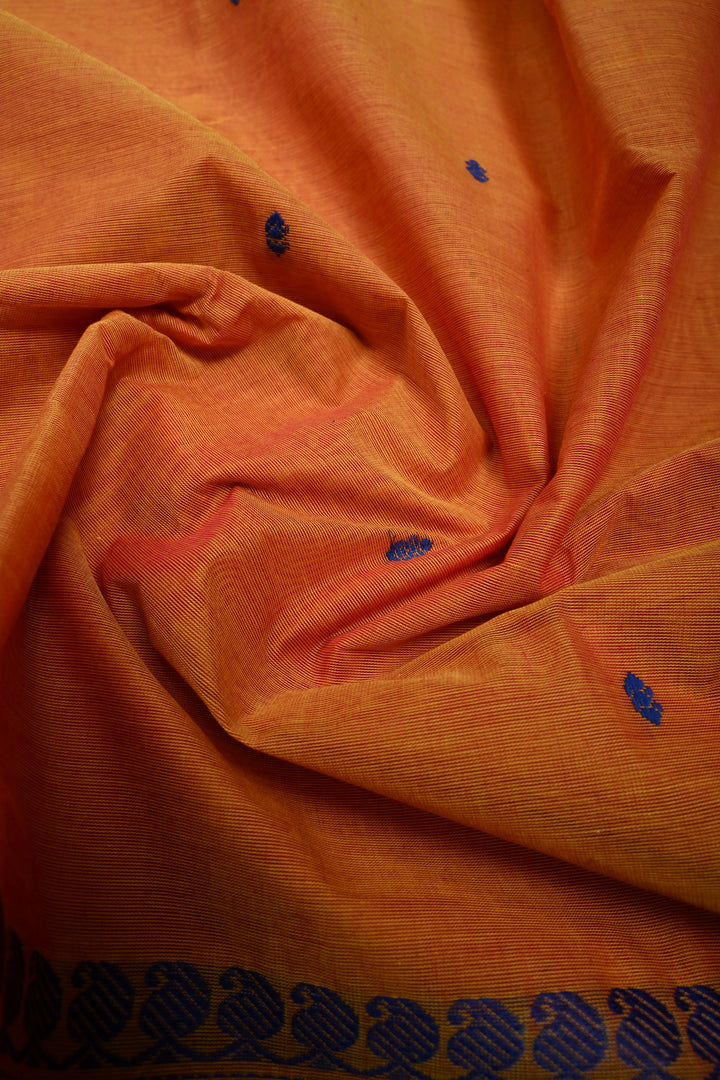 Mustard Orange Kanchi Cotton Saree with Thread Buttas and Contrast Zari Borders | SHOBITAM