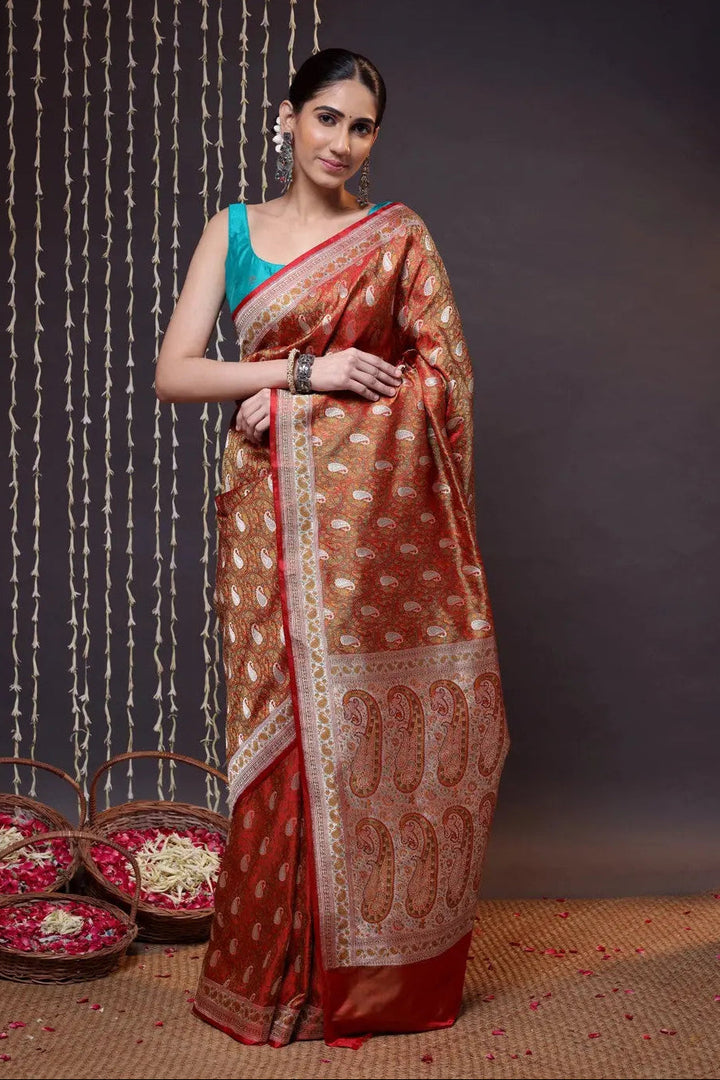 Dual Tone Handloom Orange Pure Silk Tanchoi Banarasi Saree With Zari | SILK MARK CERTIFIED | SHOBITAM