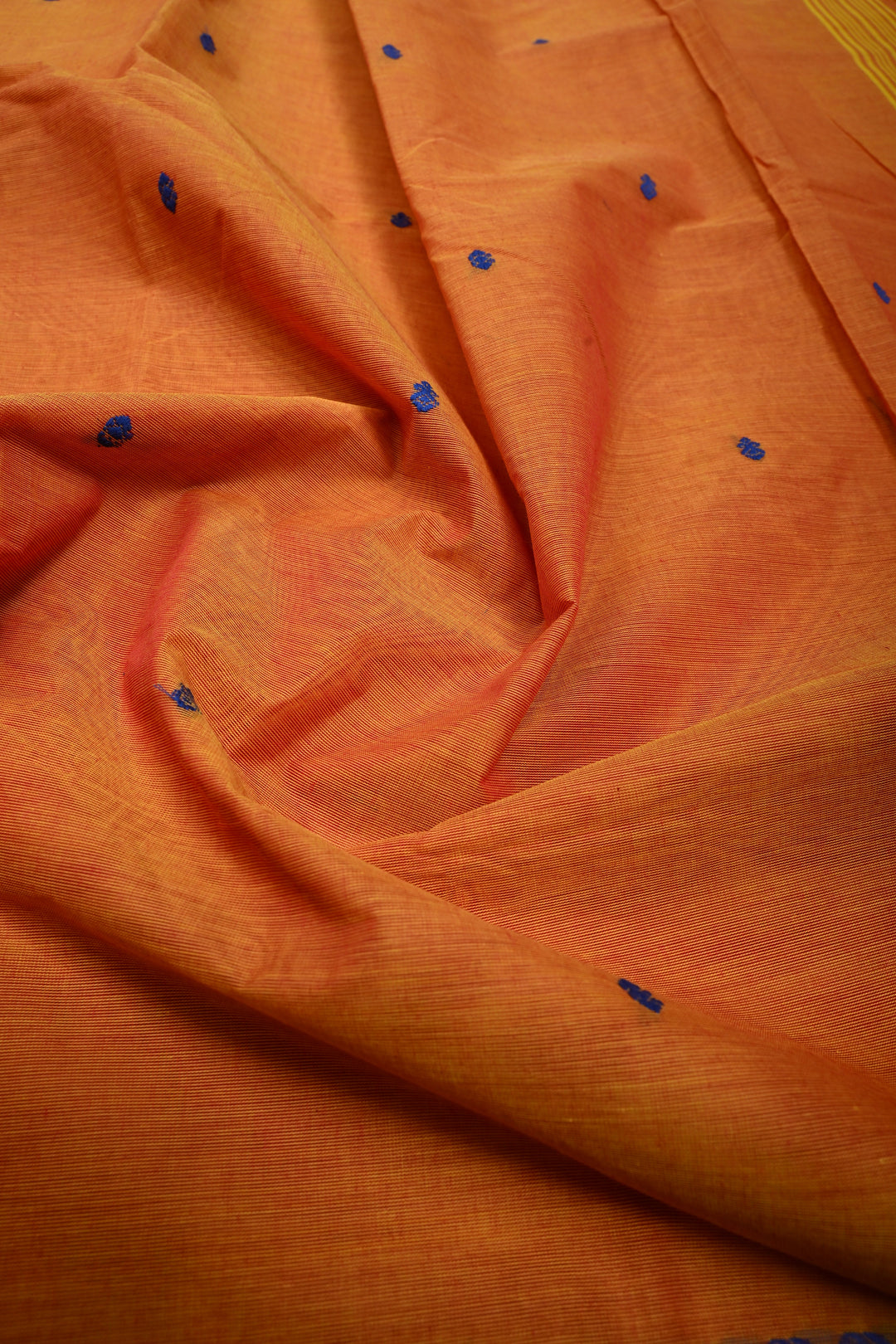 Mustard Orange Kanchi Cotton Saree with Thread Buttas and Contrast Zari Borders | SHOBITAM