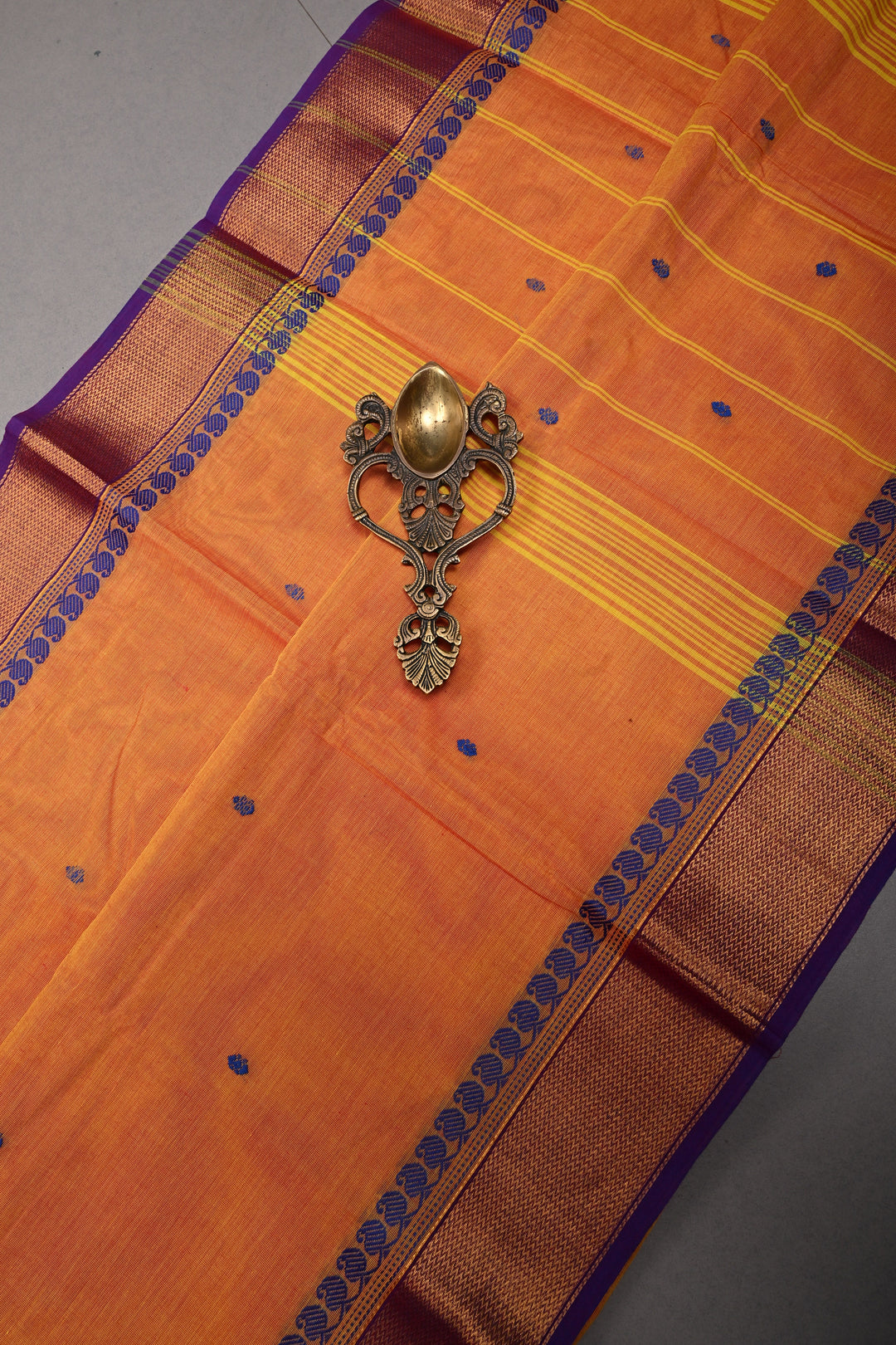 Mustard Orange Kanchi Cotton Saree with Thread Buttas and Contrast Zari Borders | SHOBITAM