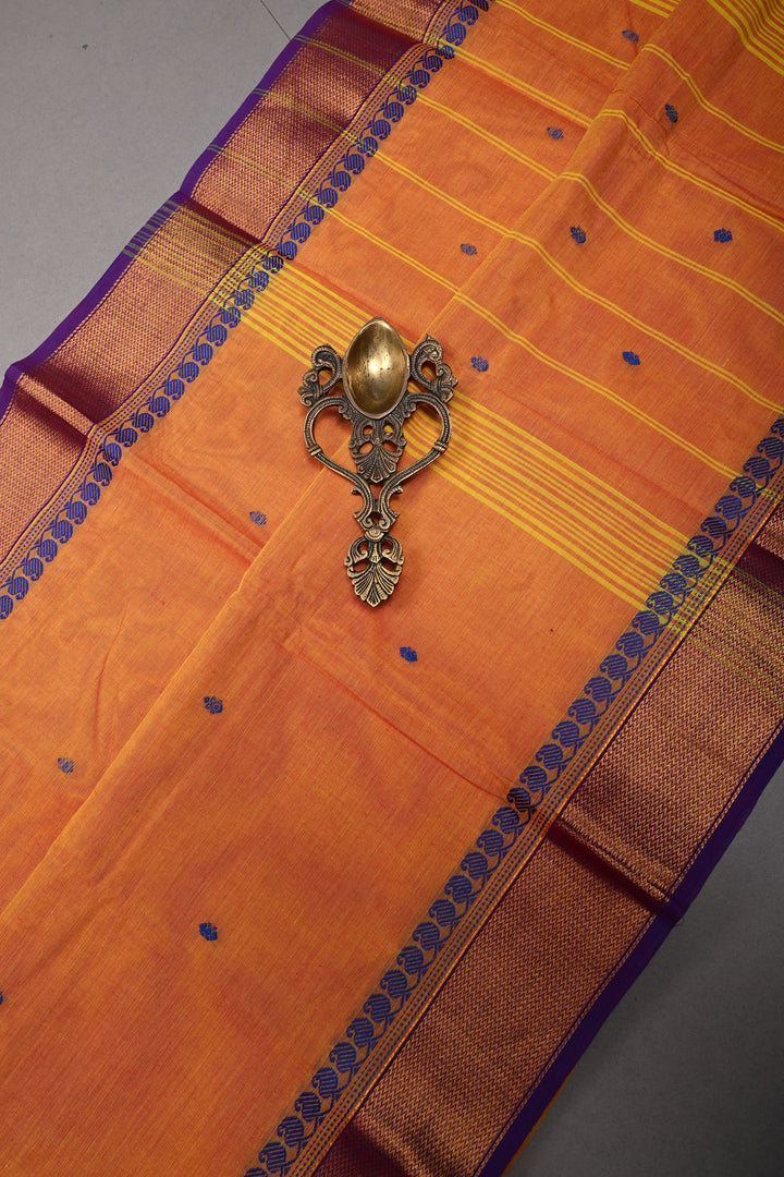 Mustard Orange Kanchi Cotton Saree with Thread Buttas and Contrast Zari Borders | SHOBITAM