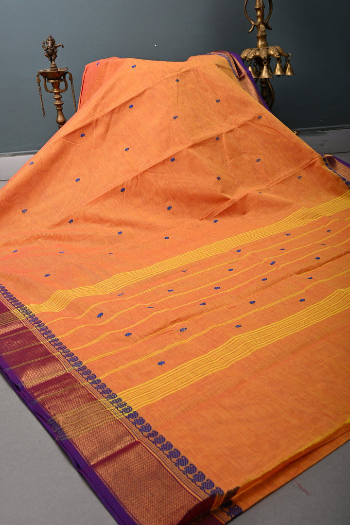 Mustard Orange Kanchi Cotton Saree with Thread Buttas and Contrast Zari Borders | SHOBITAM