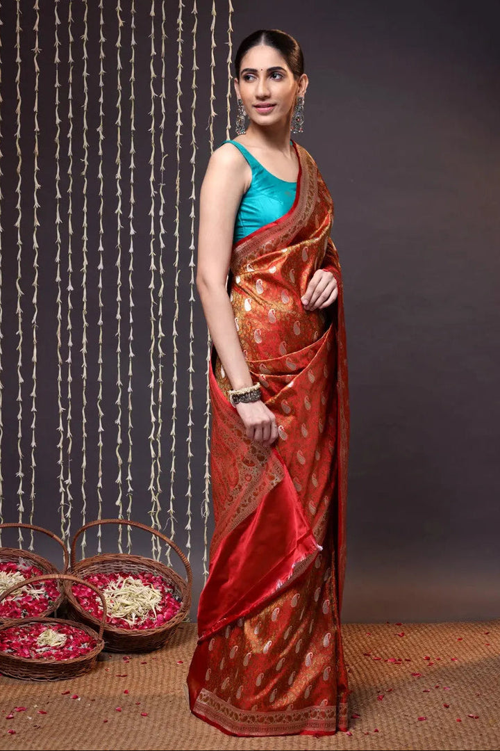 Dual Tone Handloom Orange Pure Silk Tanchoi Banarasi Saree With Zari | SILK MARK CERTIFIED | SHOBITAM