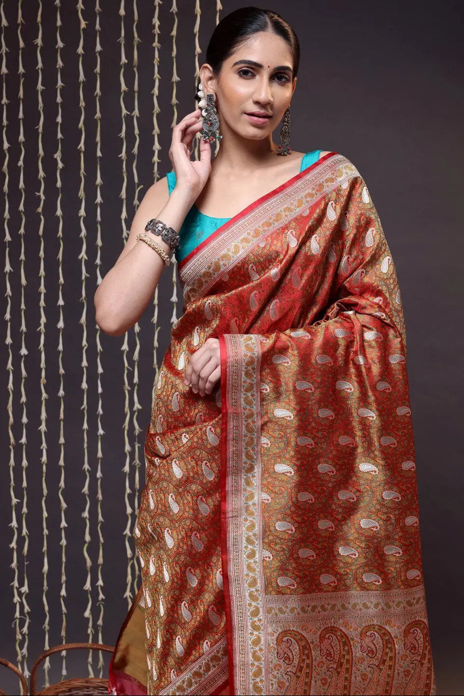 Dual Tone Handloom Orange Pure Silk Tanchoi Banarasi Saree With Zari | SILK MARK CERTIFIED | SHOBITAM