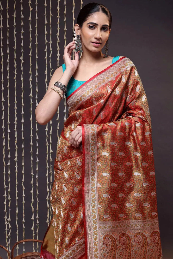 Dual Tone Handloom Orange Pure Silk Tanchoi Banarasi Saree With Zari | SILK MARK CERTIFIED | SHOBITAM