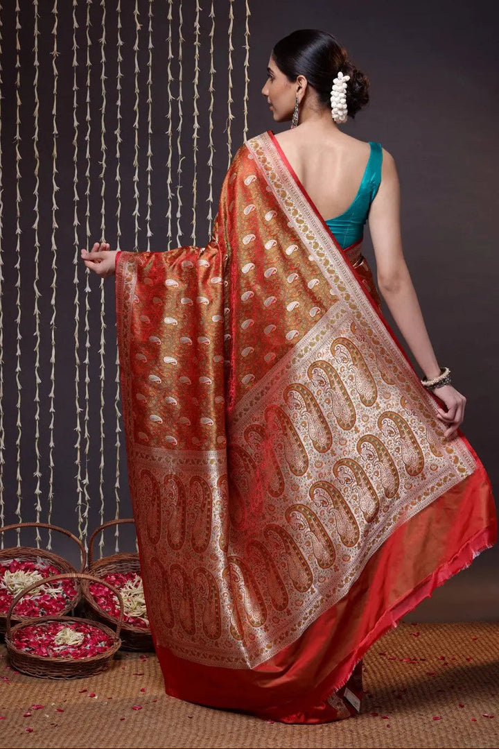 Dual Tone Handloom Orange Pure Silk Tanchoi Banarasi Saree With Zari | SILK MARK CERTIFIED | SHOBITAM