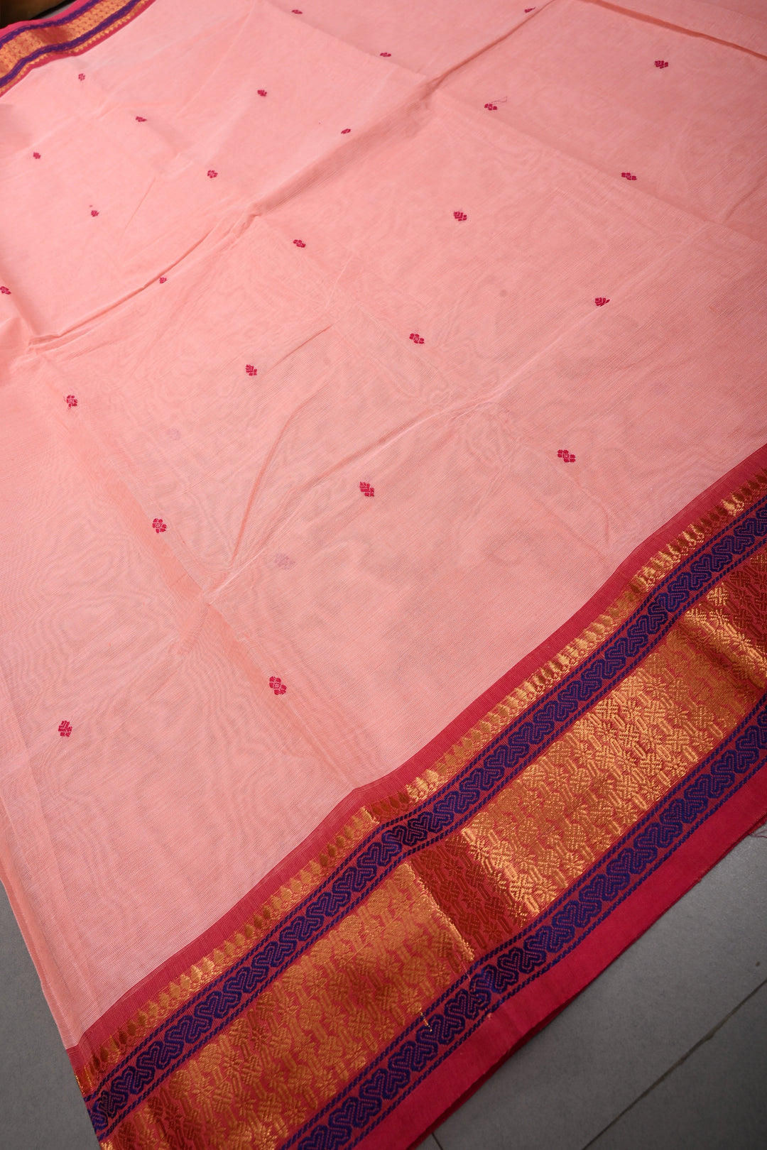 Rose Pink Kanchi Cotton Saree with Thread Buttas and Contrast Zari Borders | SHOBITAM