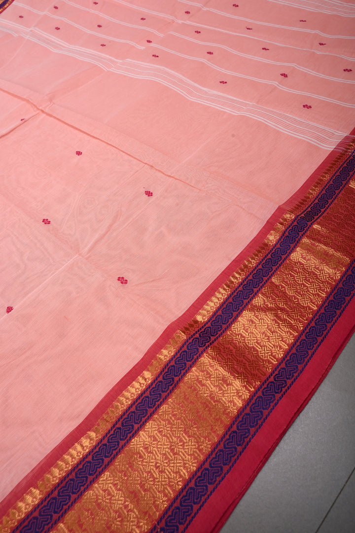 Rose Pink Kanchi Cotton Saree with Thread Buttas and Contrast Zari Borders | SHOBITAM