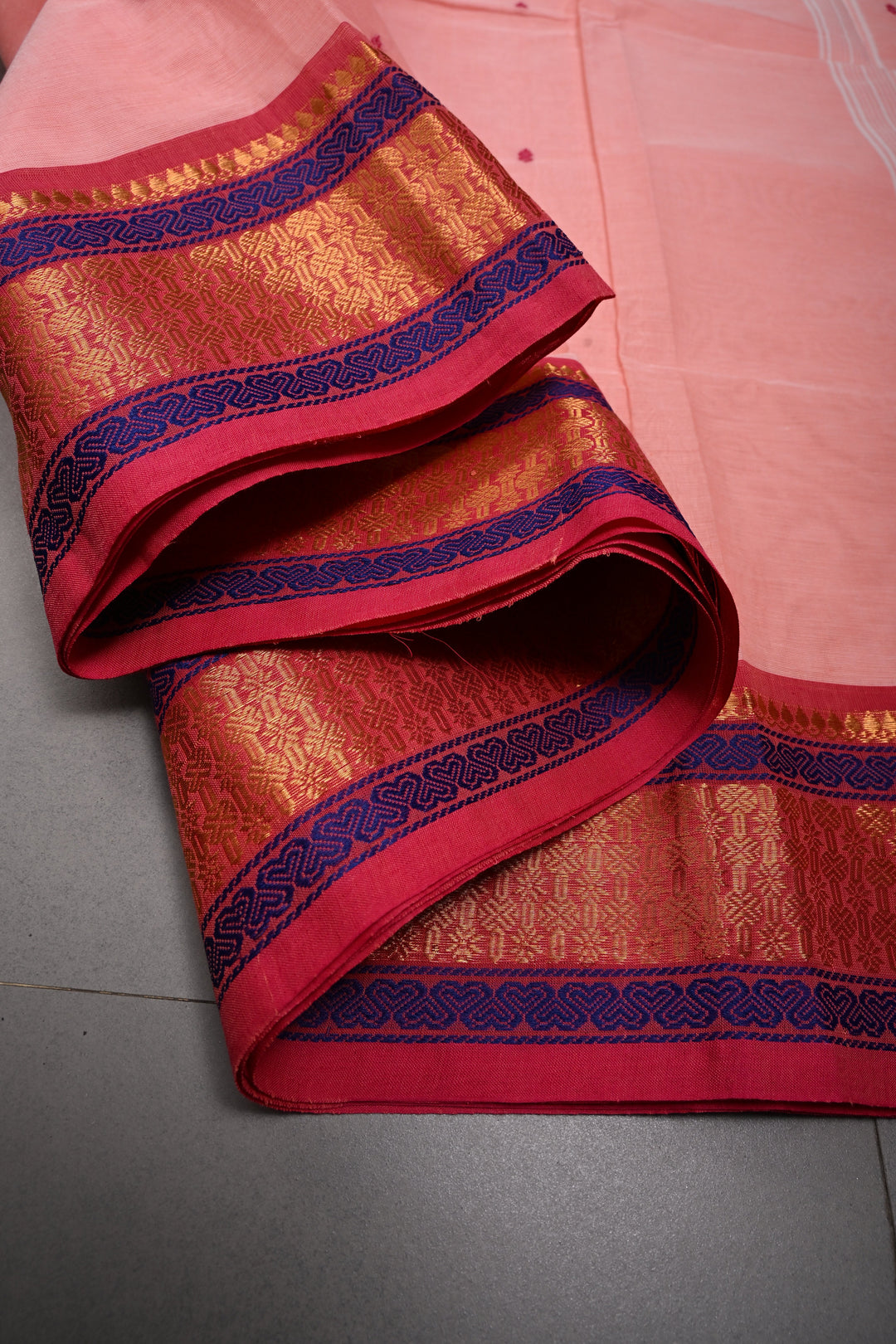 Rose Pink Kanchi Cotton Saree with Thread Buttas and Contrast Zari Borders | SHOBITAM
