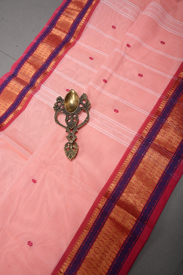 Rose Pink Kanchi Cotton Saree with Thread Buttas and Contrast Zari Borders | SHOBITAM