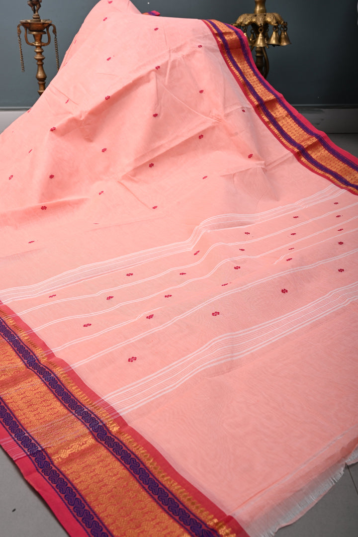 Rose Pink Kanchi Cotton Saree with Thread Buttas and Contrast Zari Borders | SHOBITAM
