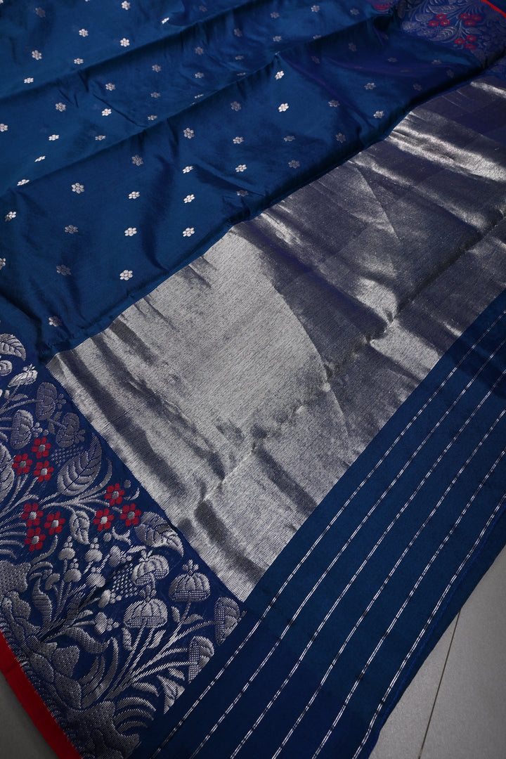 Navy Blue Chanderi Silk Saree with Chunri Zari Buttis and Meenakari Floral Zari Borders | SHOBITAM