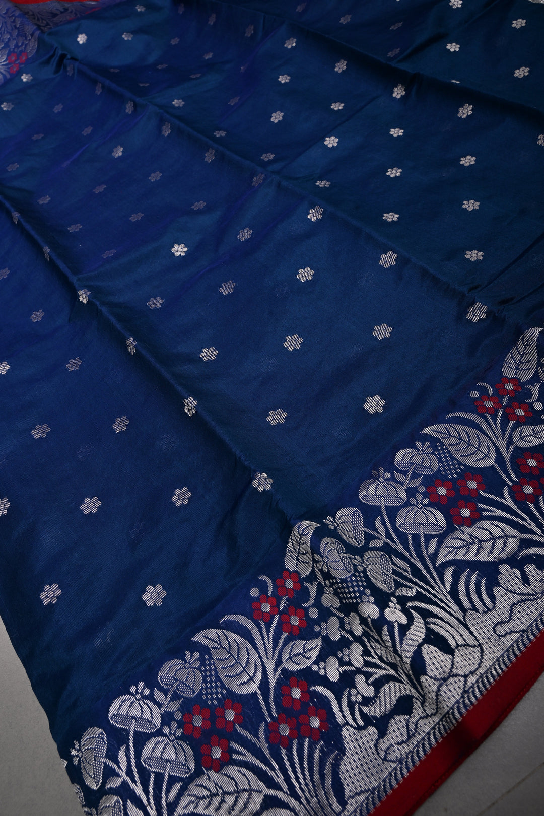 Navy Blue Chanderi Silk Saree with Chunri Zari Buttis and Meenakari Floral Zari Borders | SHOBITAM