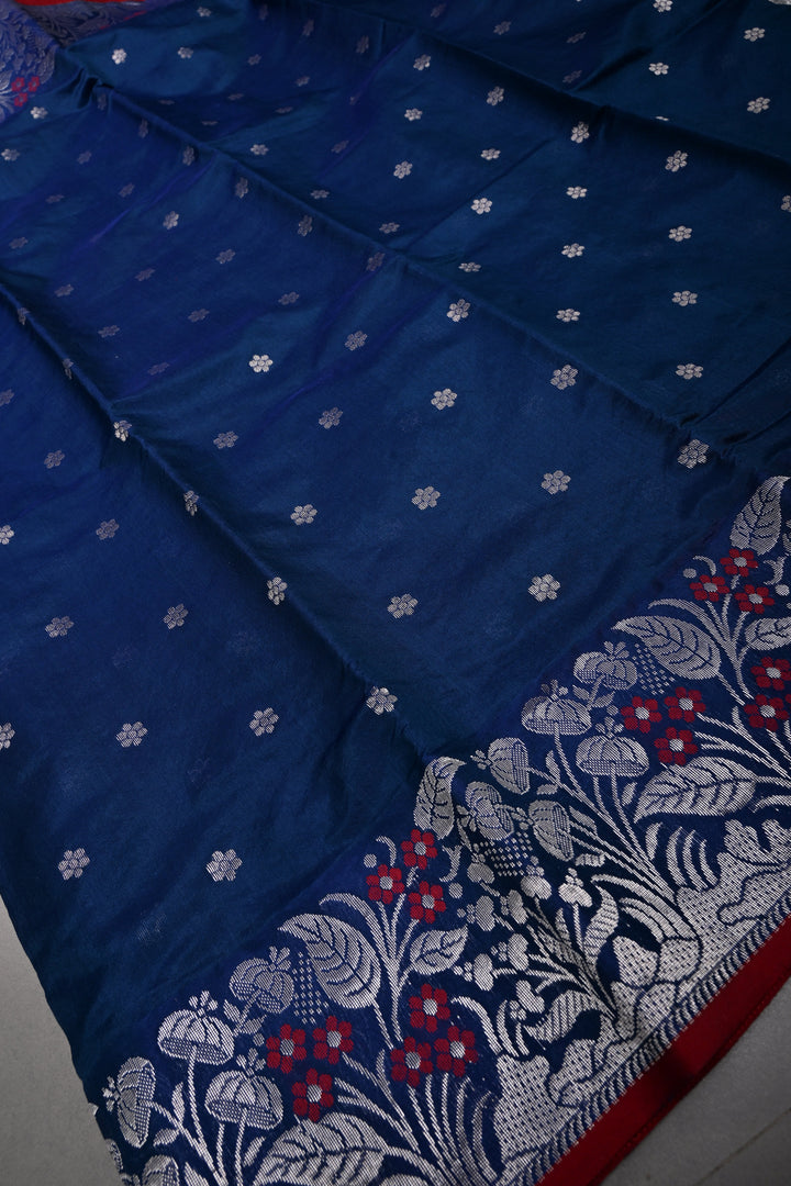 Navy Blue Chanderi Silk Saree with Chunri Zari Buttis and Meenakari Floral Zari Borders | SHOBITAM
