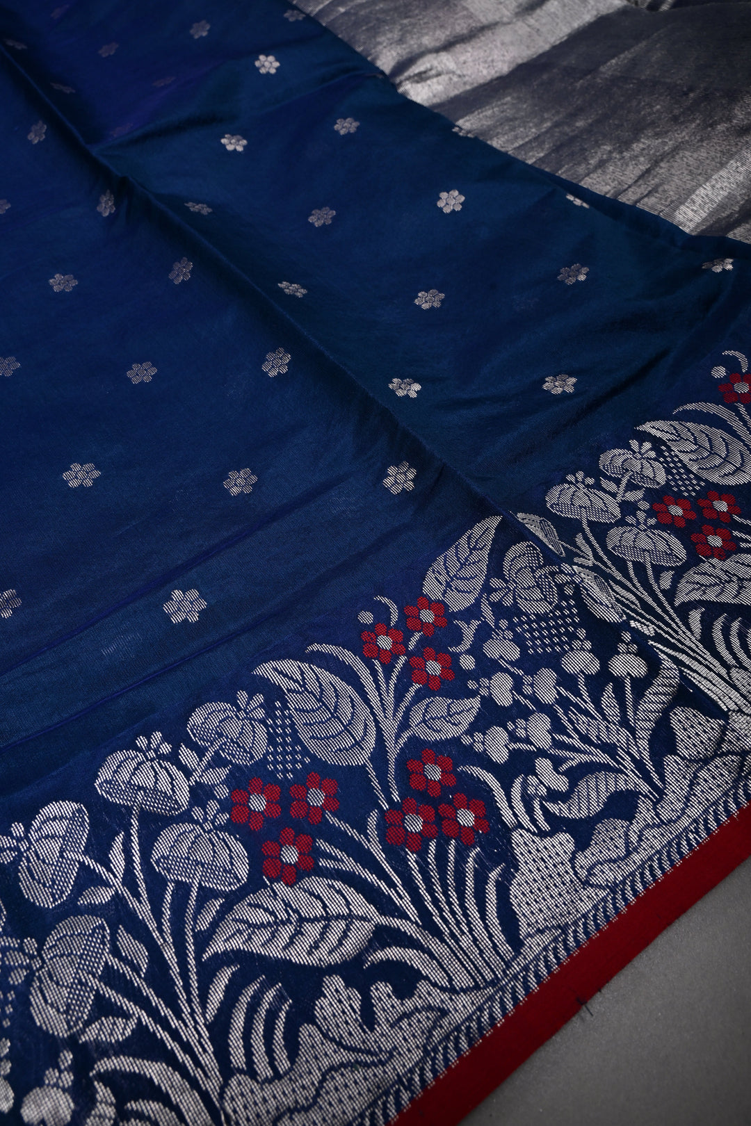 Navy Blue Chanderi Silk Saree with Chunri Zari Buttis and Meenakari Floral Zari Borders | SHOBITAM