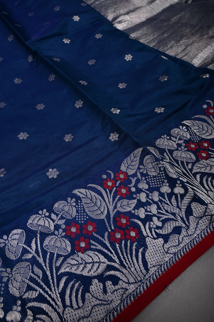 Navy Blue Chanderi Silk Saree with Chunri Zari Buttis and Meenakari Floral Zari Borders | SHOBITAM