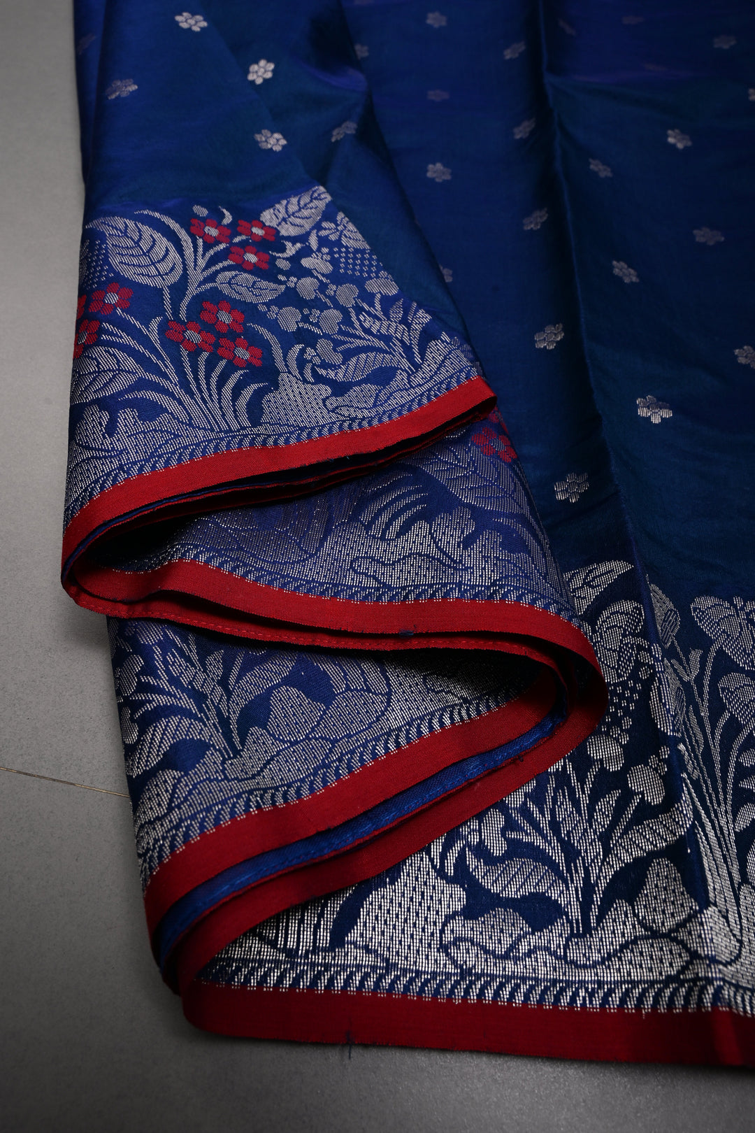 Navy Blue Chanderi Silk Saree with Chunri Zari Buttis and Meenakari Floral Zari Borders | SHOBITAM