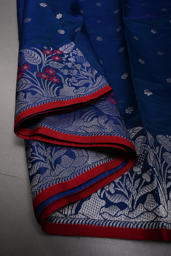 Navy Blue Chanderi Silk Saree with Chunri Zari Buttis and Meenakari Floral Zari Borders | SHOBITAM