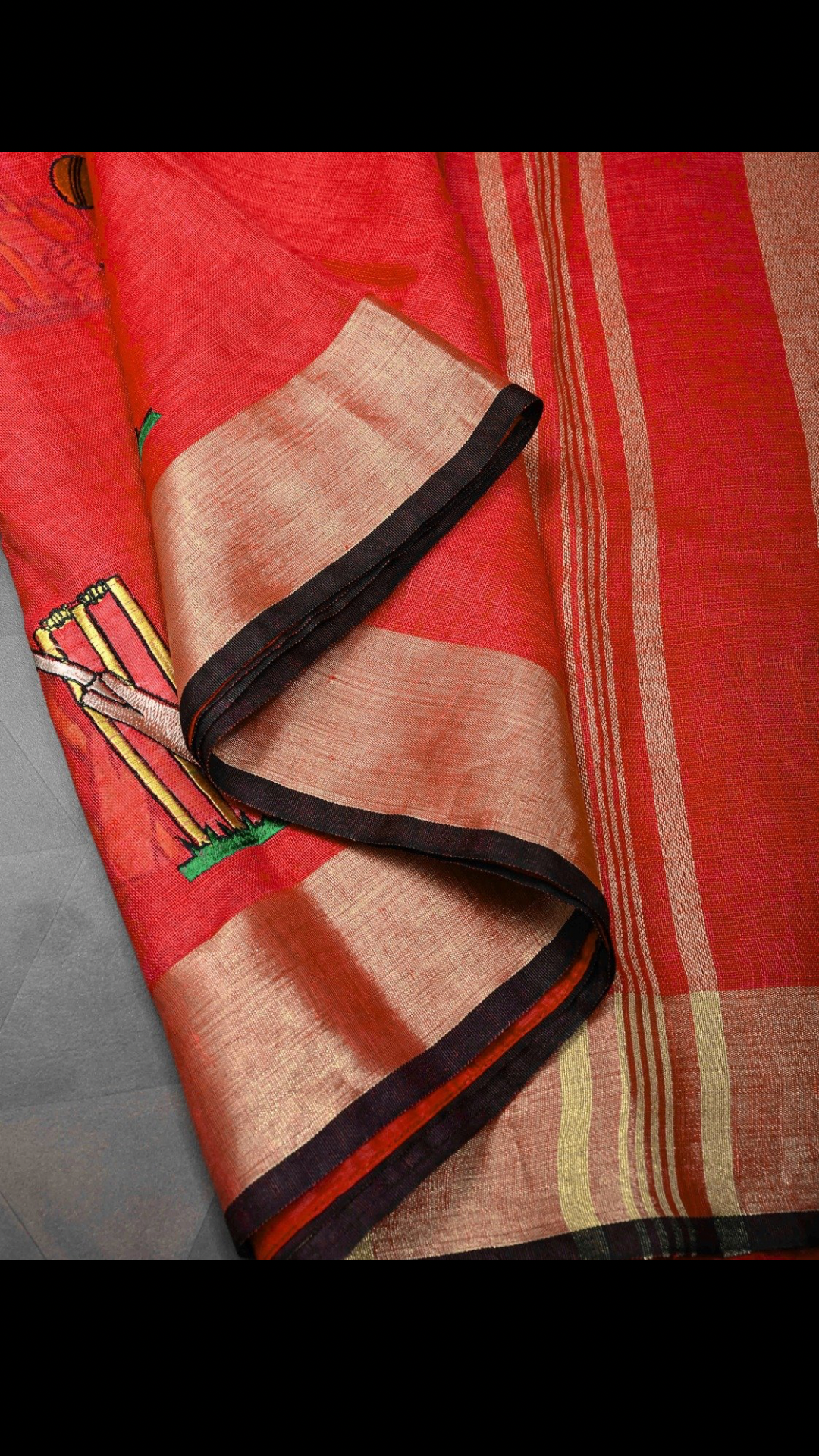 Pre Order Cricket Set Theme : Red Pure Linen by Linen Saree with Embroidery and Zari Border