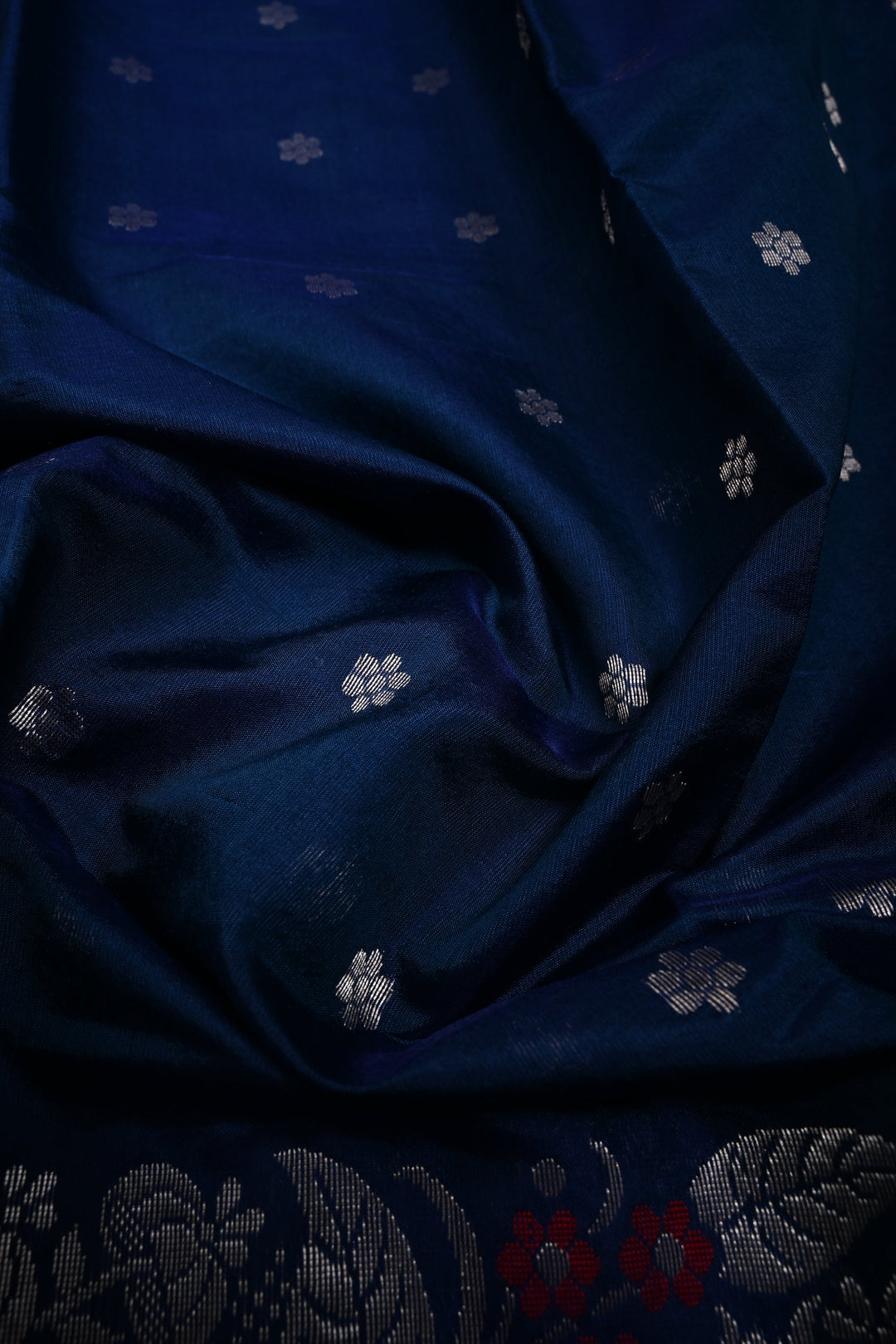 Navy Blue Chanderi Silk Saree with Chunri Zari Buttis and Meenakari Floral Zari Borders | SHOBITAM