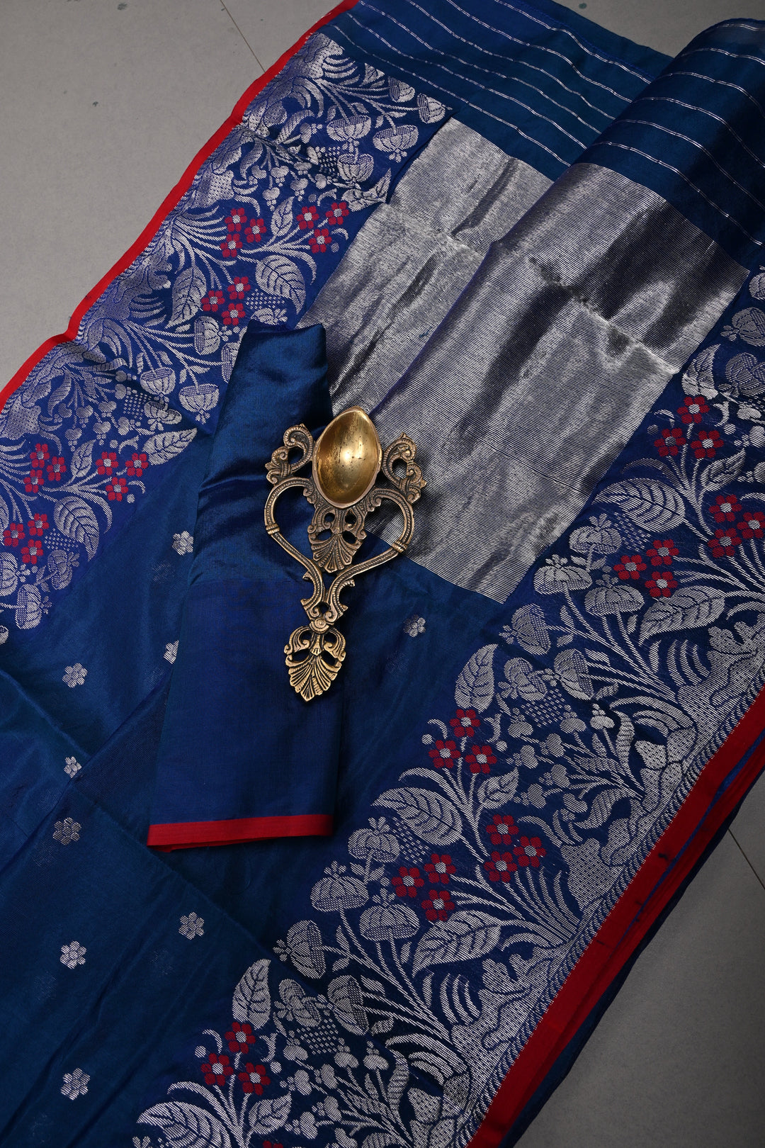 Navy Blue Chanderi Silk Saree with Chunri Zari Buttis and Meenakari Floral Zari Borders | SHOBITAM