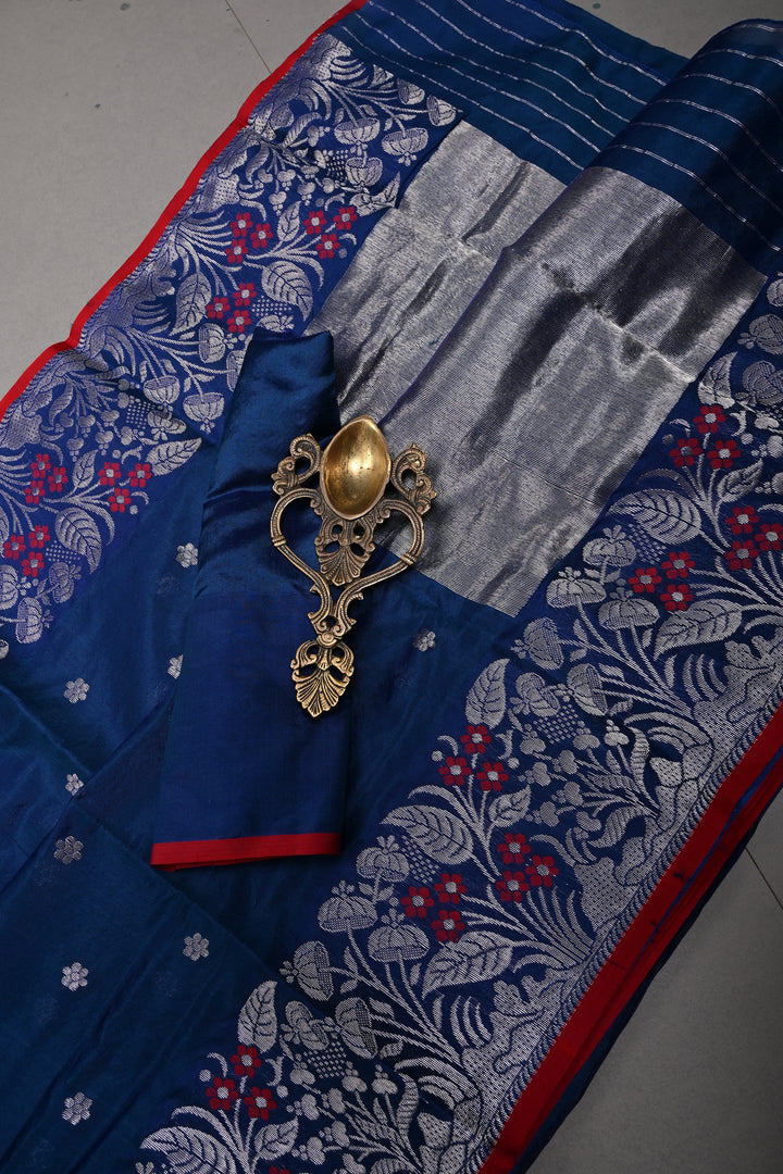 Navy Blue Chanderi Silk Saree with Chunri Zari Buttis and Meenakari Floral Zari Borders | SHOBITAM