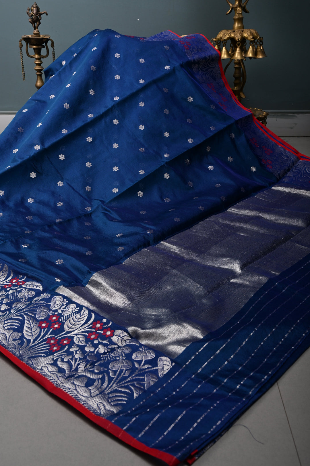 Navy Blue Chanderi Silk Saree with Chunri Zari Buttis and Meenakari Floral Zari Borders | SHOBITAM