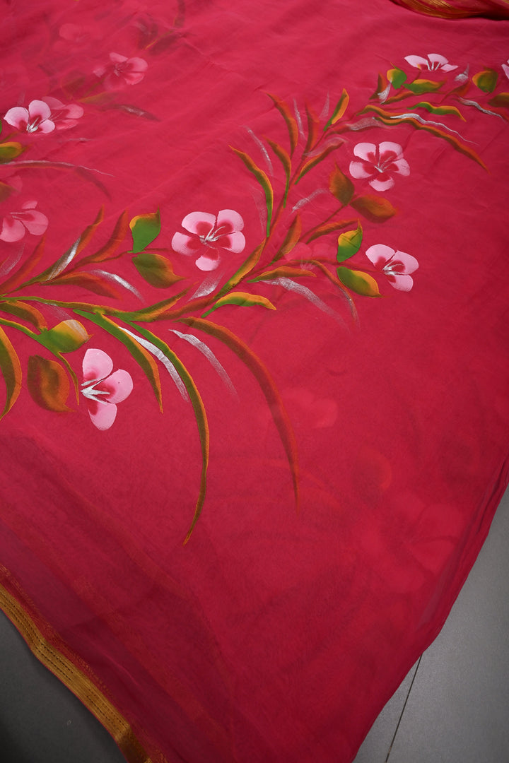 Rani Pink Georgette Saree with Floral Handpainted and Minimal Zari Border | SHOBITAM