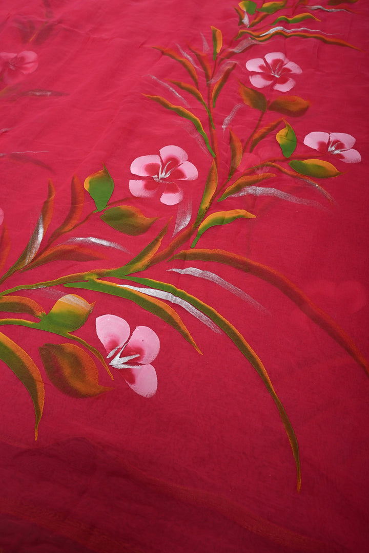 Rani Pink Georgette Saree with Floral Handpainted and Minimal Zari Border | SHOBITAM