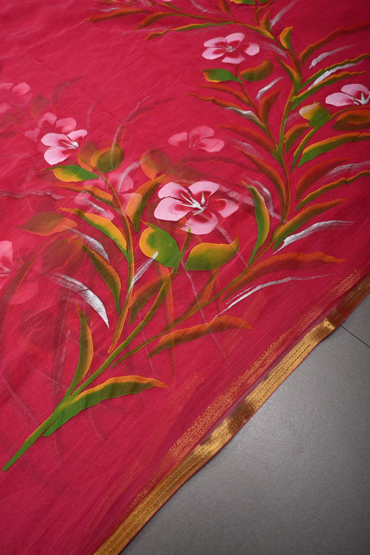 Rani Pink Georgette Saree with Floral Handpainted and Minimal Zari Border | SHOBITAM
