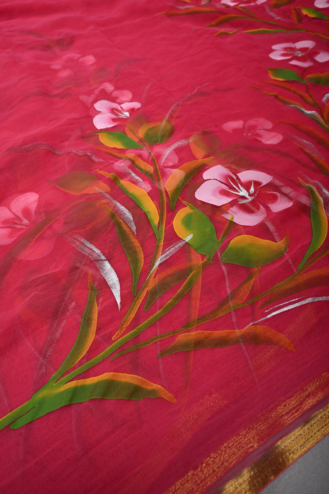 Rani Pink Georgette Saree with Floral Handpainted and Minimal Zari Border | SHOBITAM