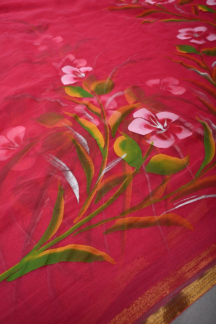 Rani Pink Georgette Saree with Floral Handpainted and Minimal Zari Border | SHOBITAM