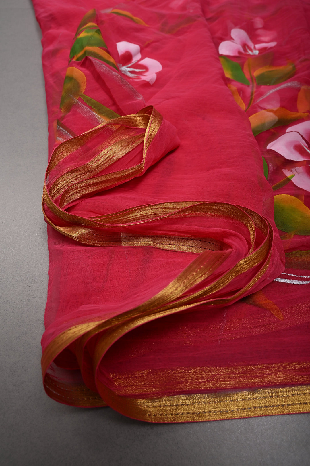 Rani Pink Georgette Saree with Floral Handpainted and Minimal Zari Border | SHOBITAM