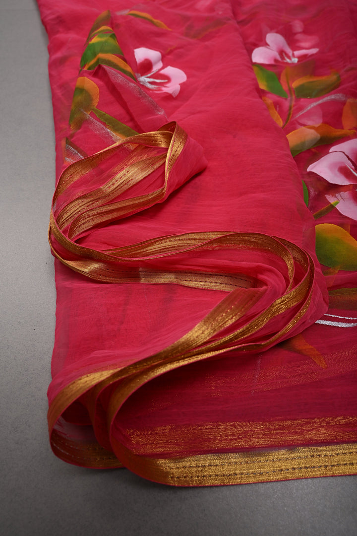 Rani Pink Georgette Saree with Floral Handpainted and Minimal Zari Border | SHOBITAM