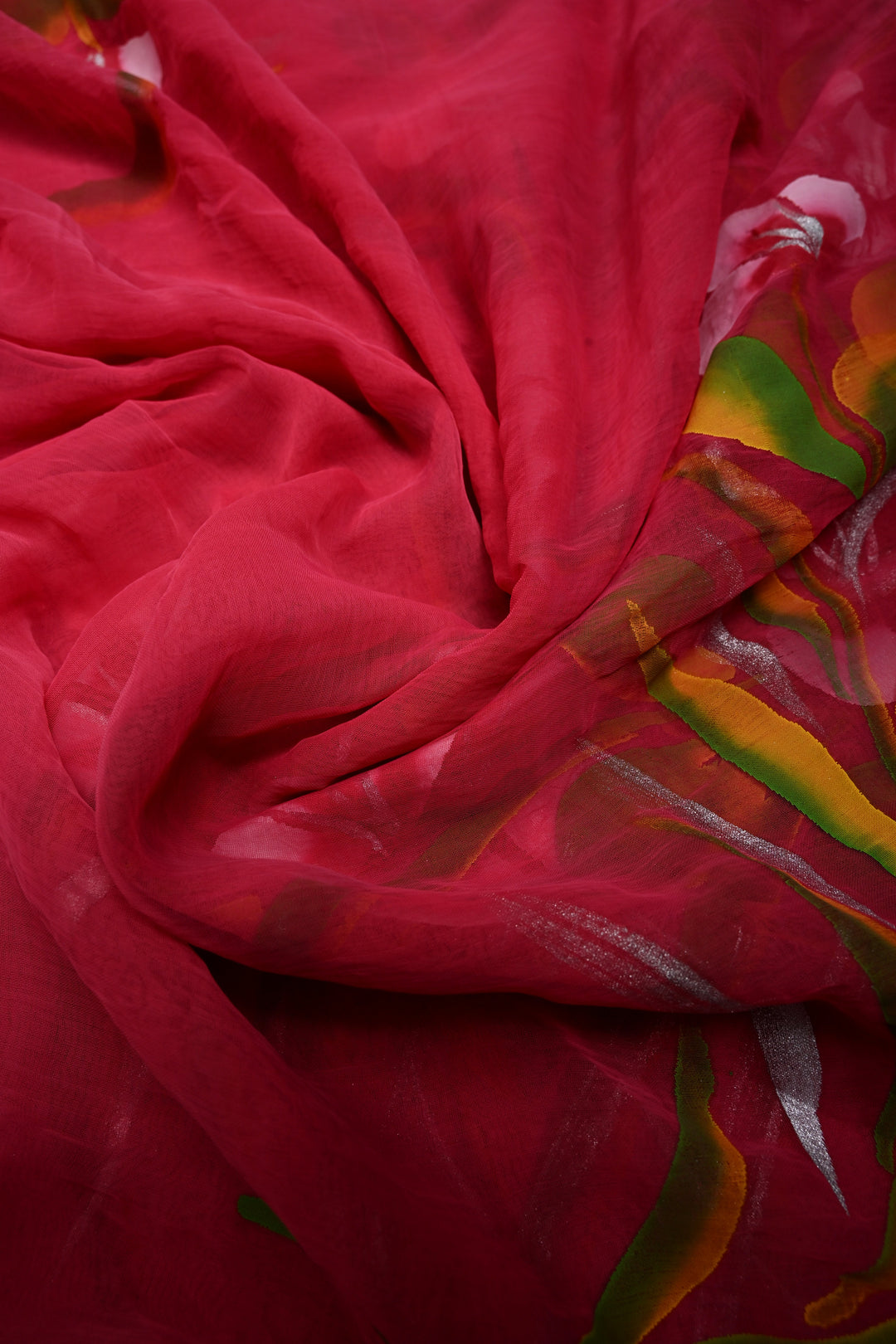 Rani Pink Georgette Saree with Floral Handpainted and Minimal Zari Border | SHOBITAM