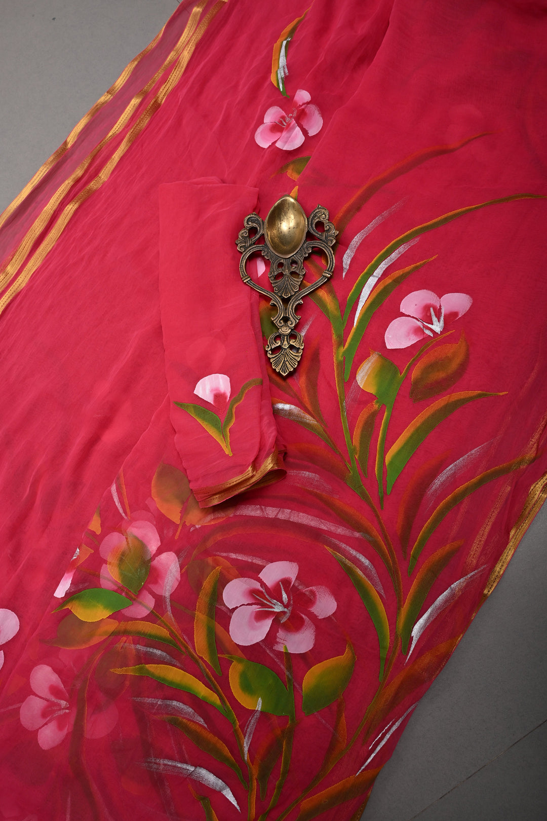 Rani Pink Georgette Saree with Floral Handpainted and Minimal Zari Border | SHOBITAM