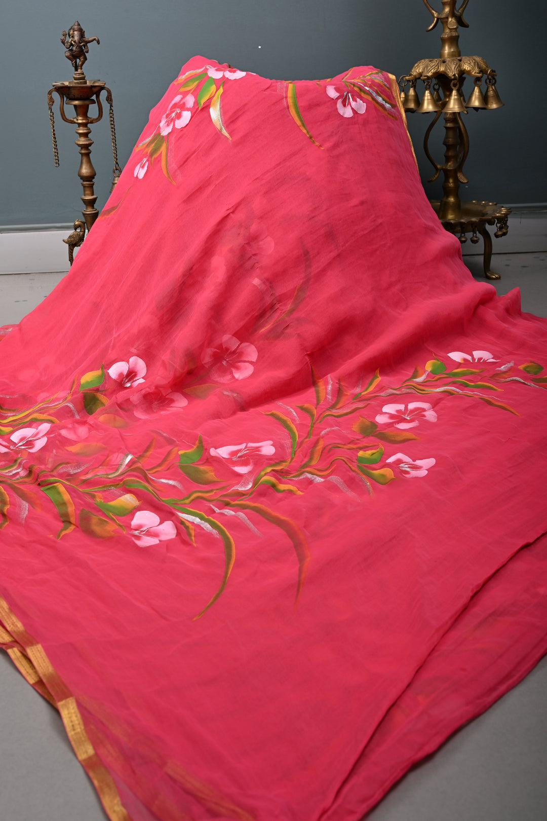 Rani Pink Georgette Saree with Floral Handpainted and Minimal Zari Border | SHOBITAM