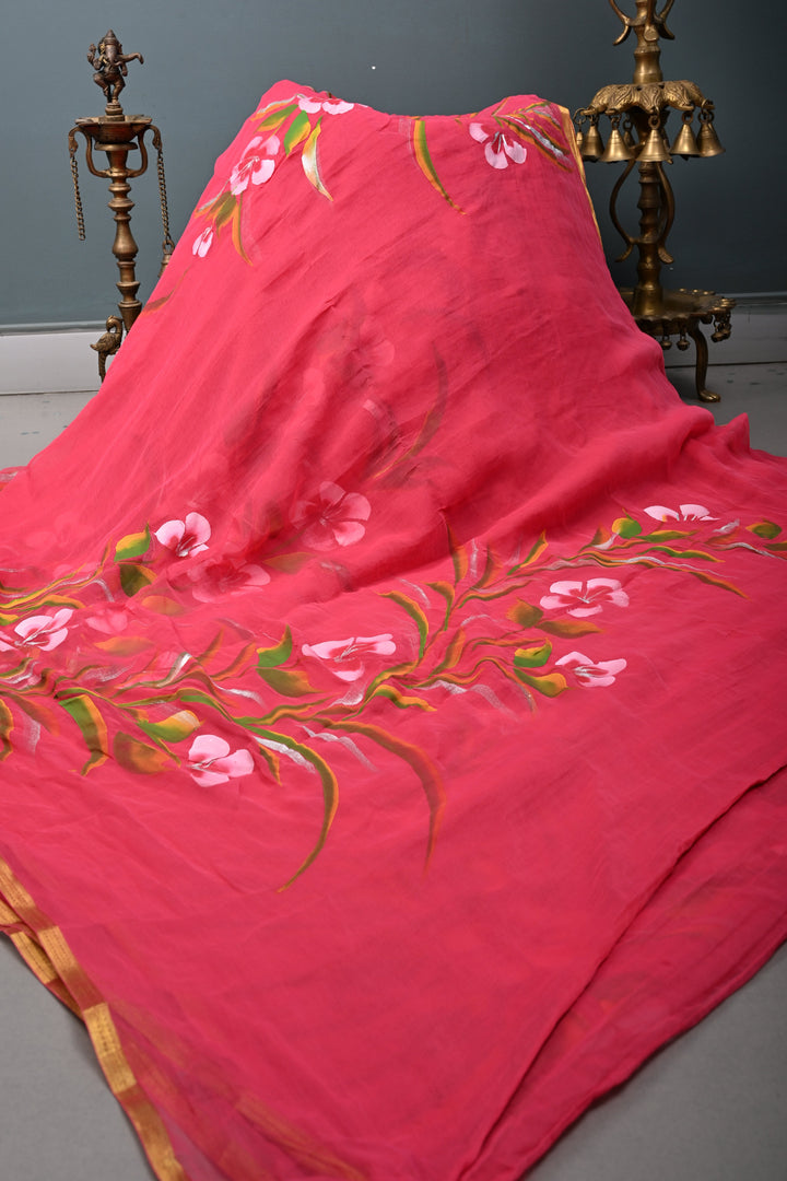 Rani Pink Georgette Saree with Floral Handpainted and Minimal Zari Border | SHOBITAM