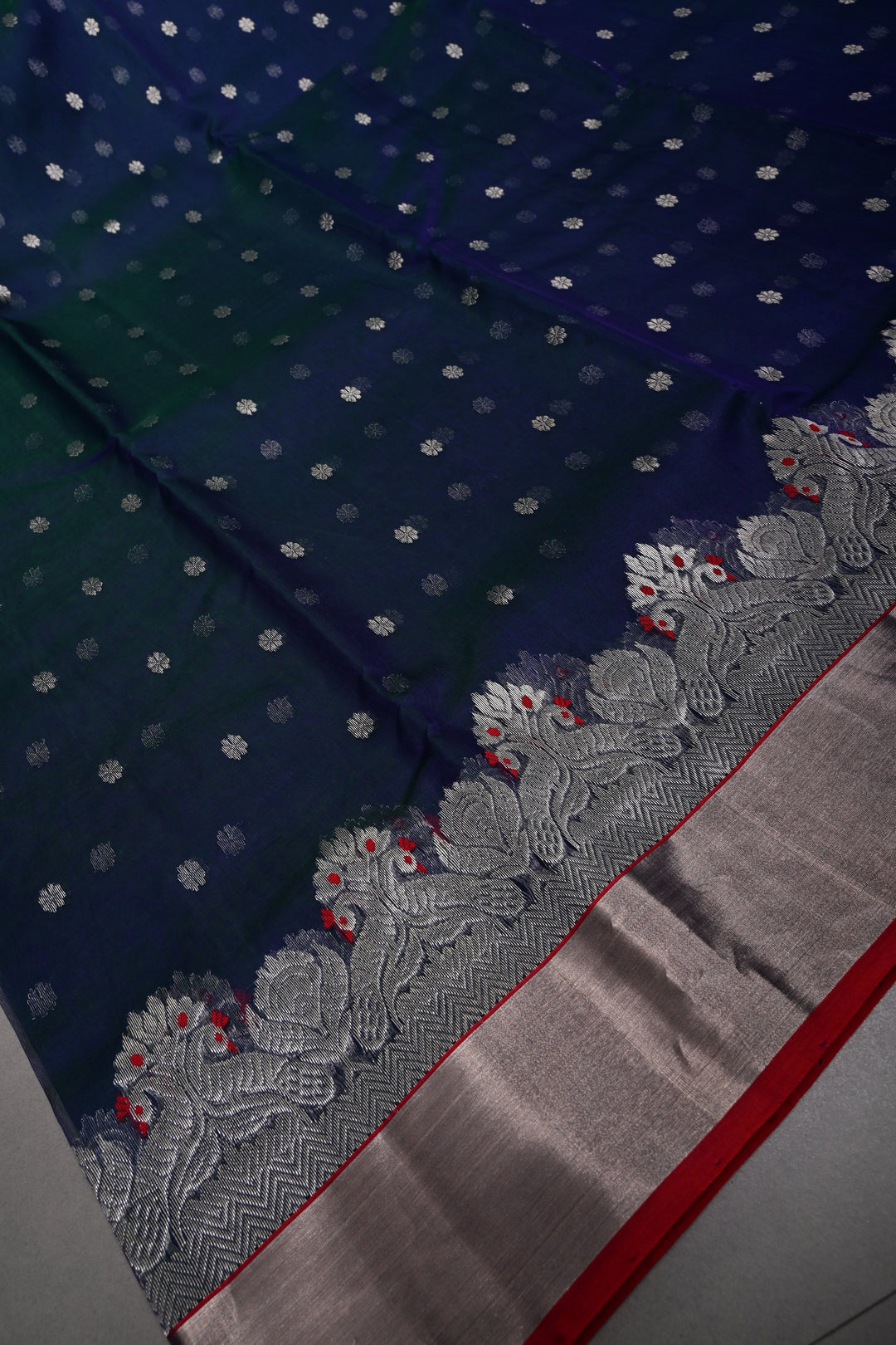Peacock Blue Green Dual Tone Chanderi Silk Saree with Chunri Zari Buttis and Meenakari Floral Zari Borders | SHOBITAM