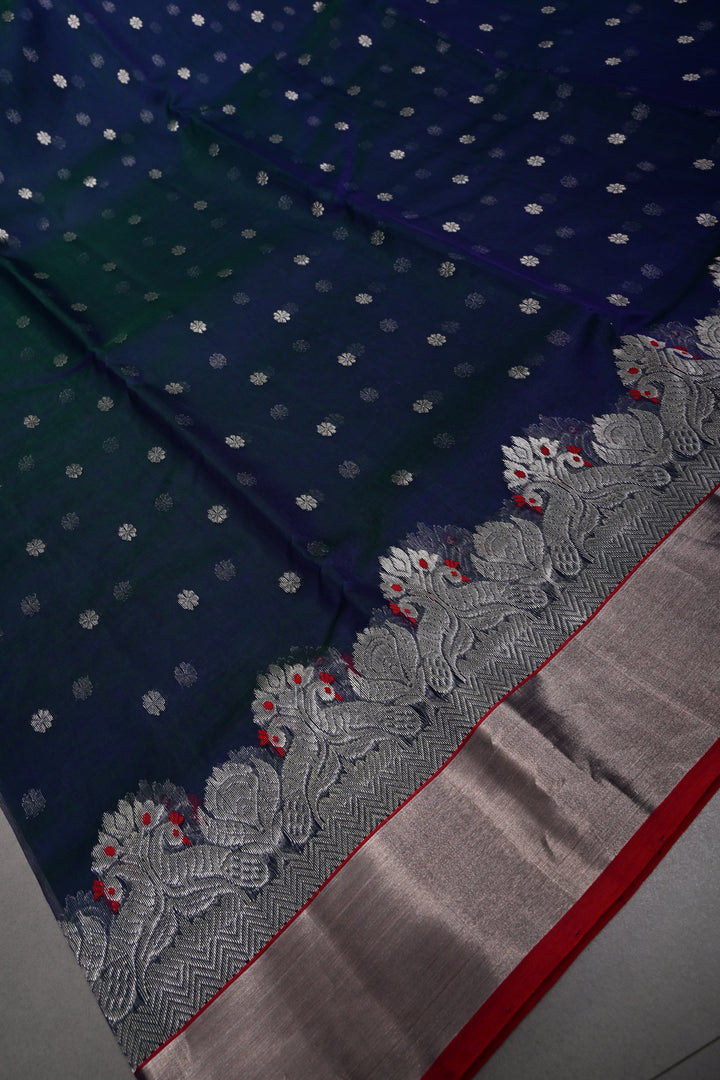 Peacock Blue Green Dual Tone Chanderi Silk Saree with Chunri Zari Buttis and Meenakari Floral Zari Borders | SHOBITAM
