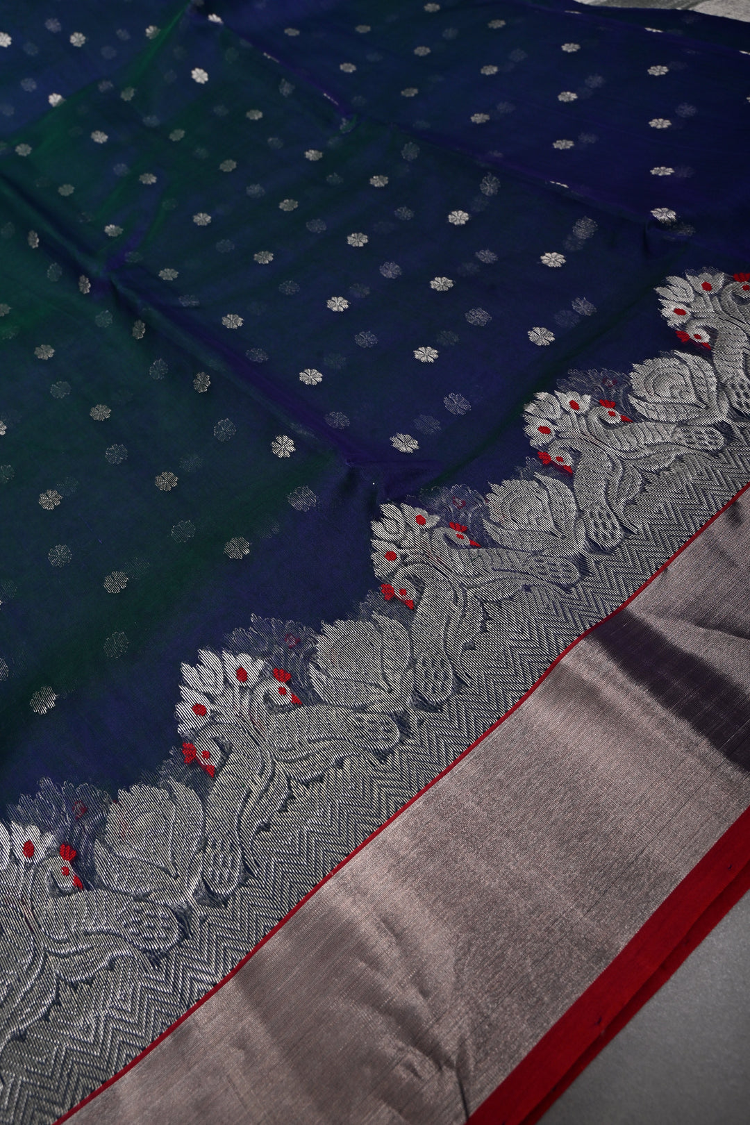 Peacock Blue Green Dual Tone Chanderi Silk Saree with Chunri Zari Buttis and Meenakari Floral Zari Borders | SHOBITAM