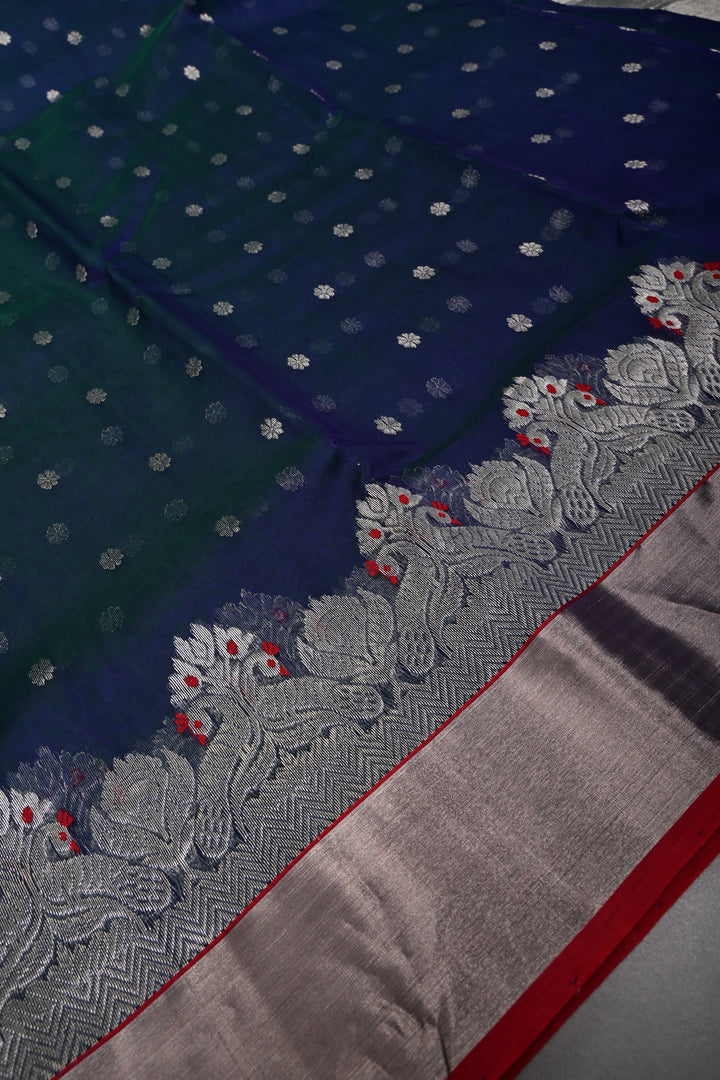 Peacock Blue Green Dual Tone Chanderi Silk Saree with Chunri Zari Buttis and Meenakari Floral Zari Borders | SHOBITAM
