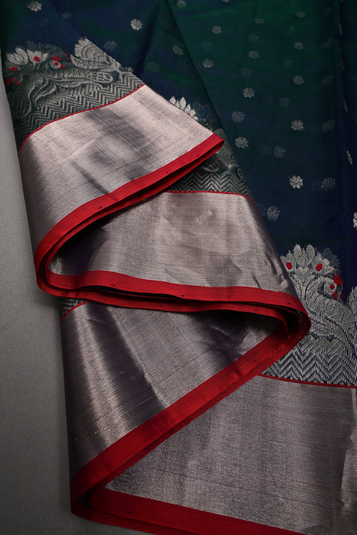 Peacock Blue Green Dual Tone Chanderi Silk Saree with Chunri Zari Buttis and Meenakari Floral Zari Borders | SHOBITAM