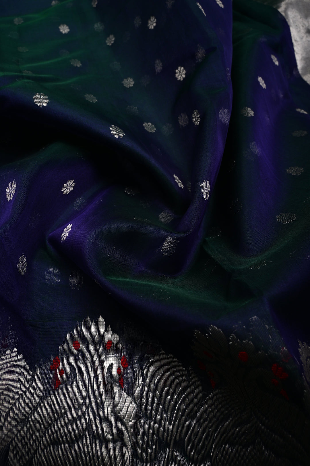 Peacock Blue Green Dual Tone Chanderi Silk Saree with Chunri Zari Buttis and Meenakari Floral Zari Borders | SHOBITAM