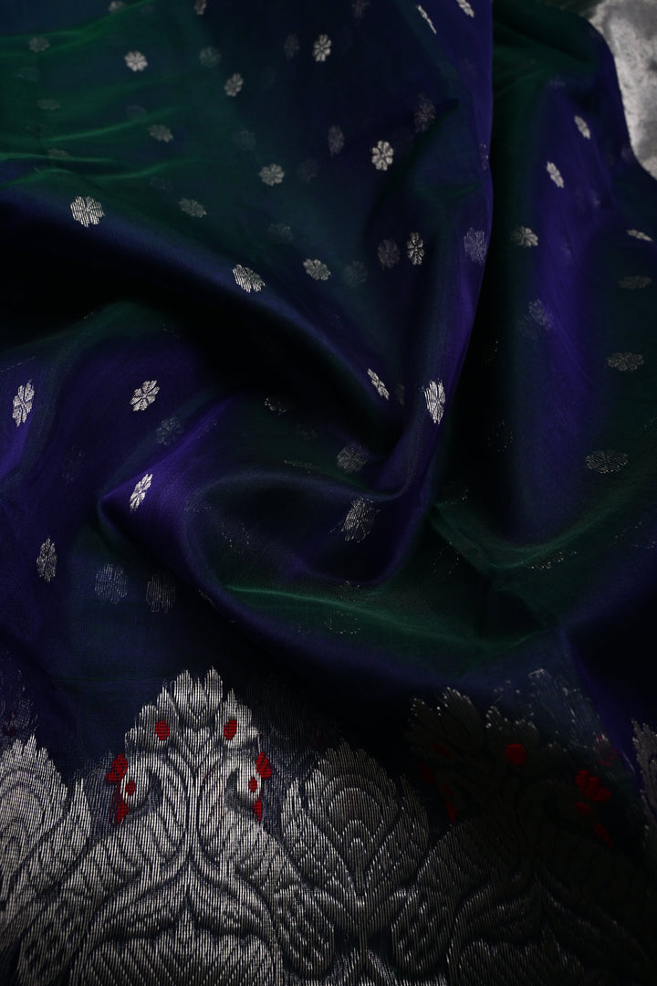 Peacock Blue Green Dual Tone Chanderi Silk Saree with Chunri Zari Buttis and Meenakari Floral Zari Borders | SHOBITAM