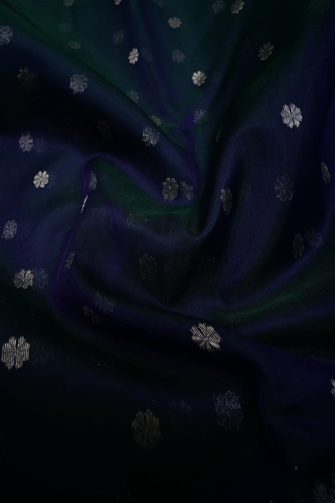 Peacock Blue Green Dual Tone Chanderi Silk Saree with Chunri Zari Buttis and Meenakari Floral Zari Borders | SHOBITAM