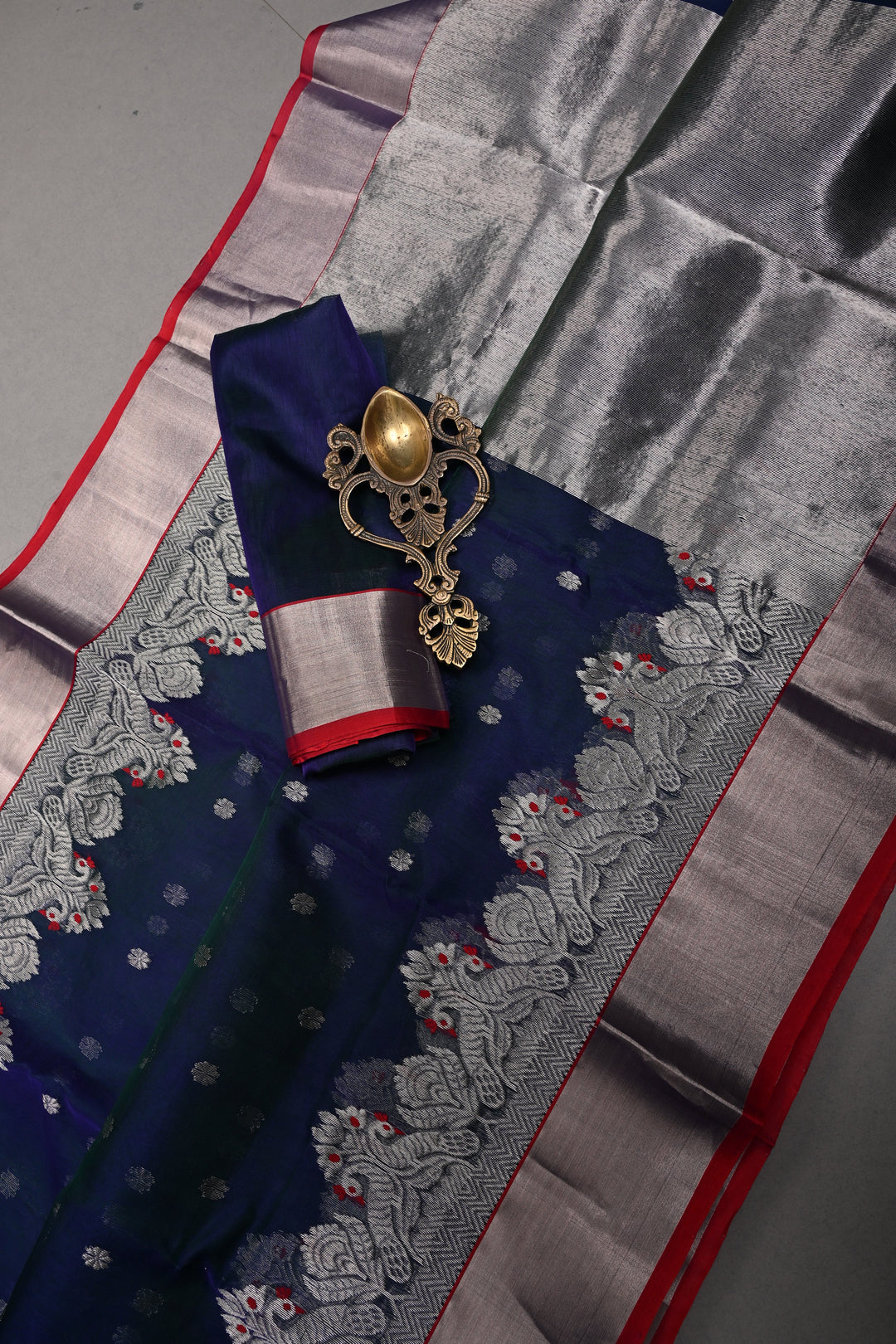 Peacock Blue Green Dual Tone Chanderi Silk Saree with Chunri Zari Buttis and Meenakari Floral Zari Borders | SHOBITAM