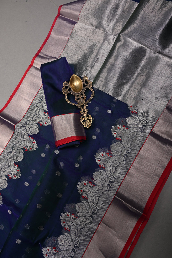 Peacock Blue Green Dual Tone Chanderi Silk Saree with Chunri Zari Buttis and Meenakari Floral Zari Borders | SHOBITAM