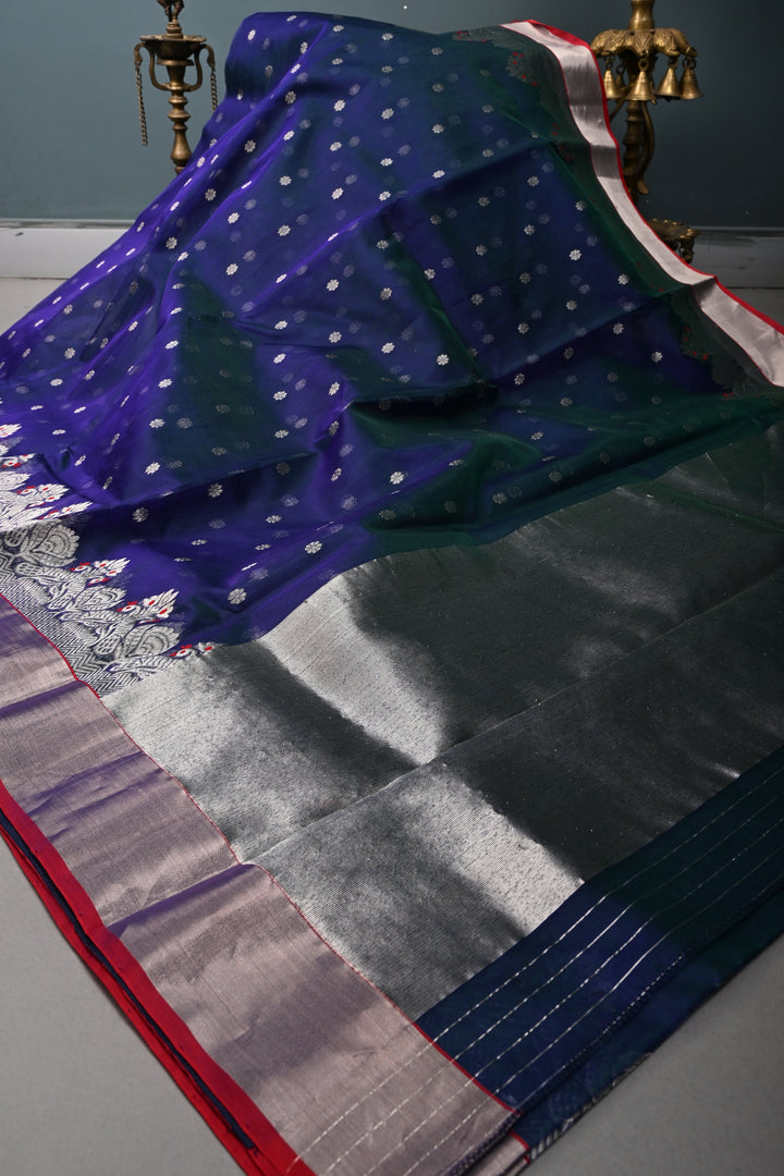 Peacock Blue Green Dual Tone Chanderi Silk Saree with Chunri Zari Buttis and Meenakari Floral Zari Borders | SHOBITAM