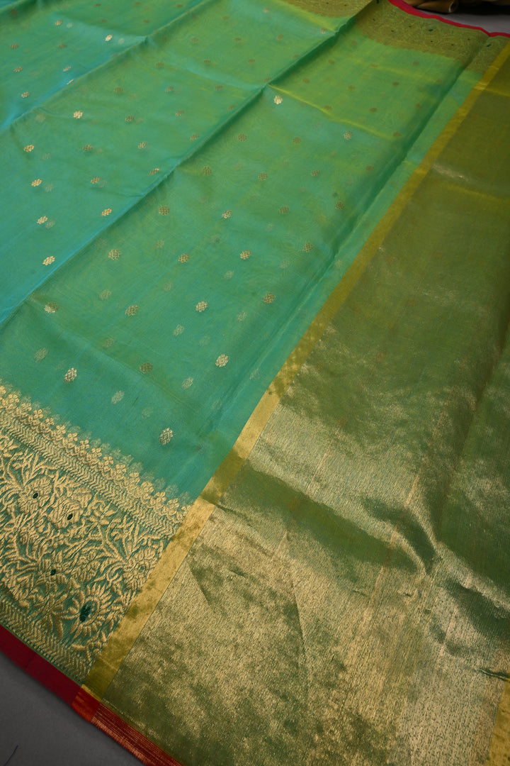 Green Dual tone Chanderi Silk Saree with Chunri Zari Buttis and Meenakari Zari Borders | SHOBITAM